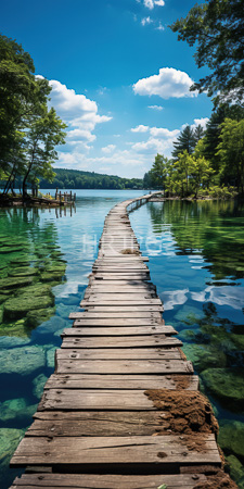 High Resolution: Old wooden pier extending into clear turquoise lake water with visible green aquatic plants beneath it download. | HRJPG.com