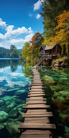 High Resolution: Idyllic lakeside scene featuring a wooden dock leading towards a rustic log cabin nestled among colorful autumn trees download. | HRJPG.com