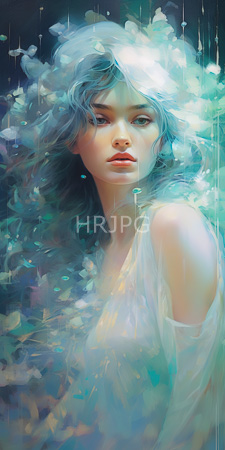 High Resolution: Ethereal young woman with flowing blue-green hair and translucent skin tones against a dark background download. | HRJPG.com
