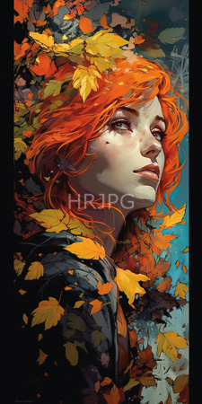 High Resolution: Ethereal woman with vibrant orange hair surrounded by yellow and brown autumn leaves against a blue background download. | HRJPG.com