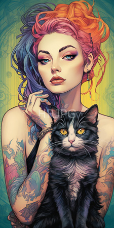 High Resolution: Androgynous person with vibrant multicolored hair and striking green eyes adorned in dark eyeliner makeup download. | HRJPG.com
