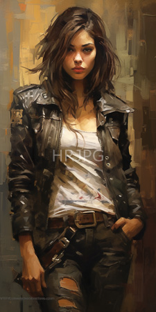 High Resolution: Attractive young woman with medium brown skin and long wavy dark hair wearing a black leather jacket over a white tank top with bloodstains download. | HRJPG.com
