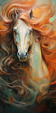 High Resolution: Elegant white horse with flowing fiery orange and brown mane blending into swirling abstract patterns download. | HRJPG.com