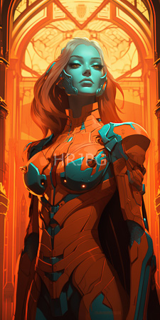High Resolution: Ethereal blue-skinned woman with long red hair in futuristic armor featuring teal and orange accents download. | HRJPG.com