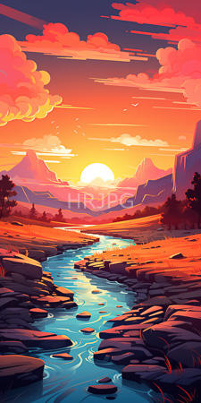 High Resolution: Vibrant sunset landscape featuring a winding reflective blue stream with rocky banks in foreground download. | HRJPG.com