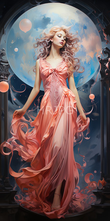 High Resolution: Ethereal fair-skinned woman with long pinkish-blond hair standing before a large moonlit window archway download. | HRJPG.com
