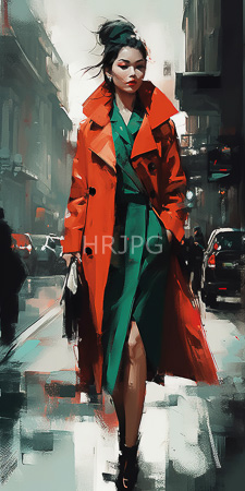 High Resolution: Asian woman with dark hair in an updo wearing a vibrant red trench coat over a green dress download. | HRJPG.com