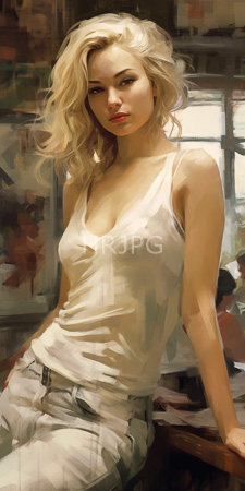 High Resolution: Attractive blonde woman with wavy hair wearing a white tank top and light gray pants leaning against wooden furniture download. | HRJPG.com