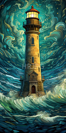 High Resolution: Illuminated lighthouse standing tall amidst turbulent swirling ocean waves under a stormy sky download. | HRJPG.com