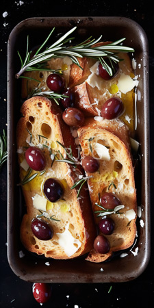 High Resolution: Rustic toasted bread slices in an oval metal baking tray filled with melted cheese and topped generously with dark red olives and fresh rosemary sprigs download. | HRJPG.com