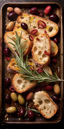 High Resolution: Toasted bread slices topped by red and green olives dried chili peppers garlic cloves rosemary sprig on rustic metal baking tray download. | HRJPG.com