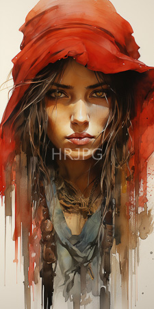 High Resolution: Intricate painting of a young woman with dark wavy hair and intense brown eyes gazing forward under a tattered red hooded cloak download. | HRJPG.com