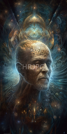 High Resolution: Intricately textured ancient-looking human face with detailed patterns against swirling cosmic backgrounds download. | HRJPG.com