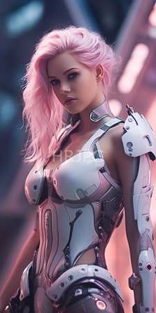 High Resolution: Attractive fair-skinned woman with pink hair in futuristic armor featuring metallic textures and intricate designs download. | HRJPG.com