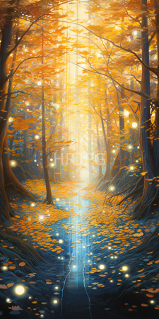 High Resolution: Enchanting autumn forest with tall trees adorned in vibrant orange and yellow leaves illuminated by soft sunlight download. | HRJPG.com