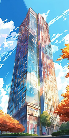 High Resolution: Tall modern skyscraper with reflective glass windows showing colorful reflections of clouds and trees in autumn hues download. | HRJPG.com
