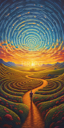 High Resolution: Vibrant surreal painting depicting an individual with dark skin walking down a winding path through lush green fields download. | HRJPG.com