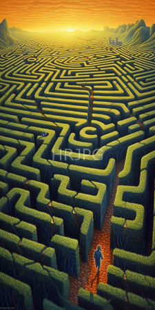 High Resolution: Expansive sunlit hedge maze at sunset with green hedges and red pathways creating intricate patterns download. | HRJPG.com