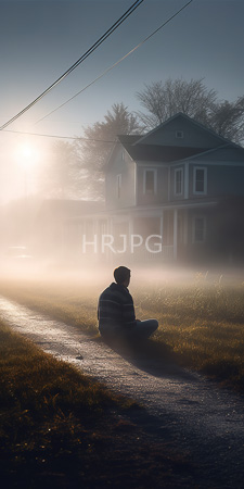 High Resolution: Early morning mist featuring silhouetted man sitting on a grassy roadside path facing a two-story house download. | HRJPG.com