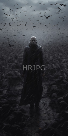 High Resolution: Dark moody photograph depicts an anonymous bald man in a black cloak and hood standing on a rain-soaked path download. | HRJPG.com