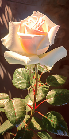 High Resolution: Ivory rose in full bloom with delicate petals illuminated by sunlight casting shadows on its green leaves download. | HRJPG.com