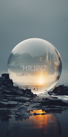 High Resolution: Enormous transparent glass sphere reflecting sunset clouds and golden light over rocky shoreline with wet sand reflections download. | HRJPG.com