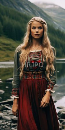 High Resolution: Attractive young woman with long wavy blonde hair and fair skin standing by a serene lake in mountainous forested area download. | HRJPG.com