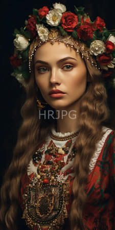 High Resolution: Portrait of an ethereal woman with long wavy brown hair and fair skin wearing ornate medieval-inspired attire adorned in gold jewelry download. | HRJPG.com