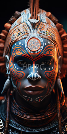 High Resolution: African person with dark skin adorned in intricate tribal face paint featuring bold orange and white patterns download. | HRJPG.com