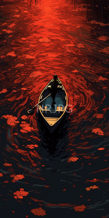 High Resolution: Isolated silhouetted figure rowing alone in a small wooden boat on dark red water with swirling patterns at sunset download. | HRJPG.com