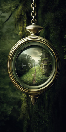 High Resolution: Ornate round brass pocket watch with intricate detailing and chain hanging from it displaying a lush forest scene download. | HRJPG.com
