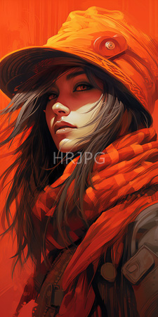 High Resolution: Asian woman with long dark hair wearing an orange hat and matching scarf against a vibrant red background download. | HRJPG.com