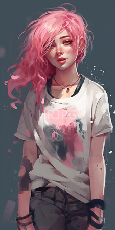 High Resolution: Androgynous young person with pink wavy hair wearing a white t-shirt splattered with black paint over gray pants download. | HRJPG.com