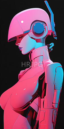 High Resolution: Androgynous futuristic robot with pink-blue neon lighting against black background download. | HRJPG.com