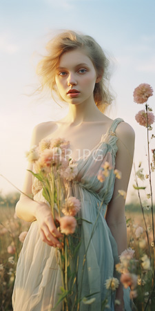 High Resolution: Ethereal fair-skinned young woman with blonde hair standing amidst pink wildflowers at sunset download. | HRJPG.com