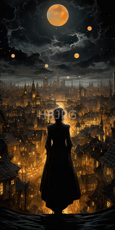 High Resolution: Atmospheric moonlit cityscape with Gothic architecture under cloudy skies filled with glowing orbs of light download. | HRJPG.com