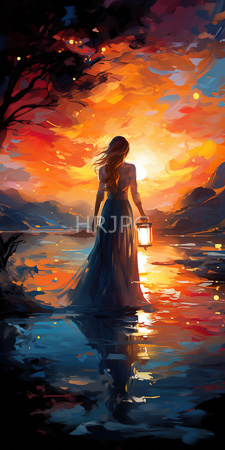 High Resolution: Ethereal sunset scene featuring a woman with long flowing brown hair standing in shallow water holding a lantern download. | HRJPG.com