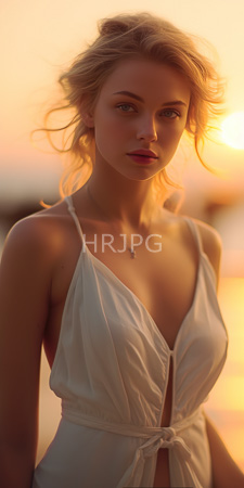 High Resolution: Attractive young blonde woman with fair skin and green eyes standing at sunset wearing a white halter dress download. | HRJPG.com
