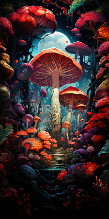 High Resolution: Enchanting vibrant forest filled with oversized red and orange mushrooms of varying sizes under moonlight download. | HRJPG.com