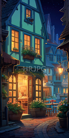 High Resolution: Enchanting nighttime European village street featuring half-timbered houses with glowing windows and flower boxes download. | HRJPG.com
