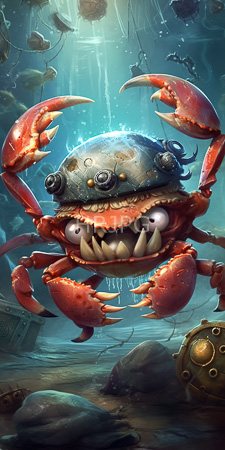 High Resolution: Adorable cartoonish red crab with large claws and sharp teeth wearing a metallic helmet in underwater ruins download. | HRJPG.com