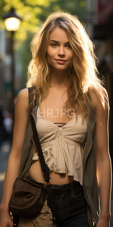High Resolution: Young blonde woman with wavy hair wearing an off-shoulder beige top and dark green vest over black jeans download. | HRJPG.com