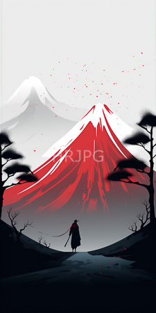 High Resolution: Anime-style scene featuring a lone figure in dark clothing and hat holding a sword walking towards a large red-bleeding volcano download. | HRJPG.com