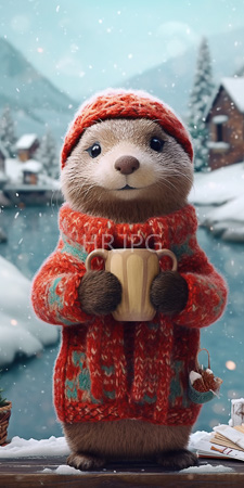 High Resolution: Adorable anthropomorphic otter standing on snow-covered wooden deck holding a yellow mug download. | HRJPG.com