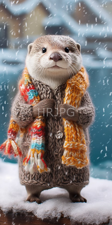 High Resolution: Adorable realistic-looking plush otter standing on snow-covered ground in winter attire download. | HRJPG.com
