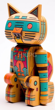 High Resolution: Intricately carved wooden cat figurine with geometric patterns in teal orange and pink on its body parts download. | HRJPG.com