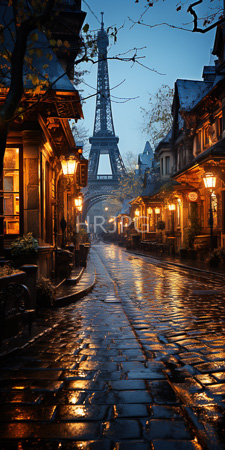 High Resolution: Illuminated cobblestone street in Paris at dusk with rain reflecting warm light from vintage-style lampposts download. | HRJPG.com