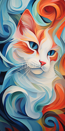 High Resolution: Abstract stylized white cat with orange and blue markings on its face surrounded by swirling waves in vibrant colors download. | HRJPG.com