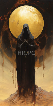 High Resolution: Anonymous hooded figure in black robes standing on rocky terrain under a large golden moon download. | HRJPG.com