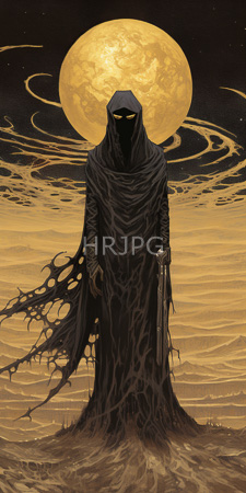 High Resolution: Ominous hooded figure with glowing yellow eyes standing in front of a large golden moon against a starry night sky download. | HRJPG.com